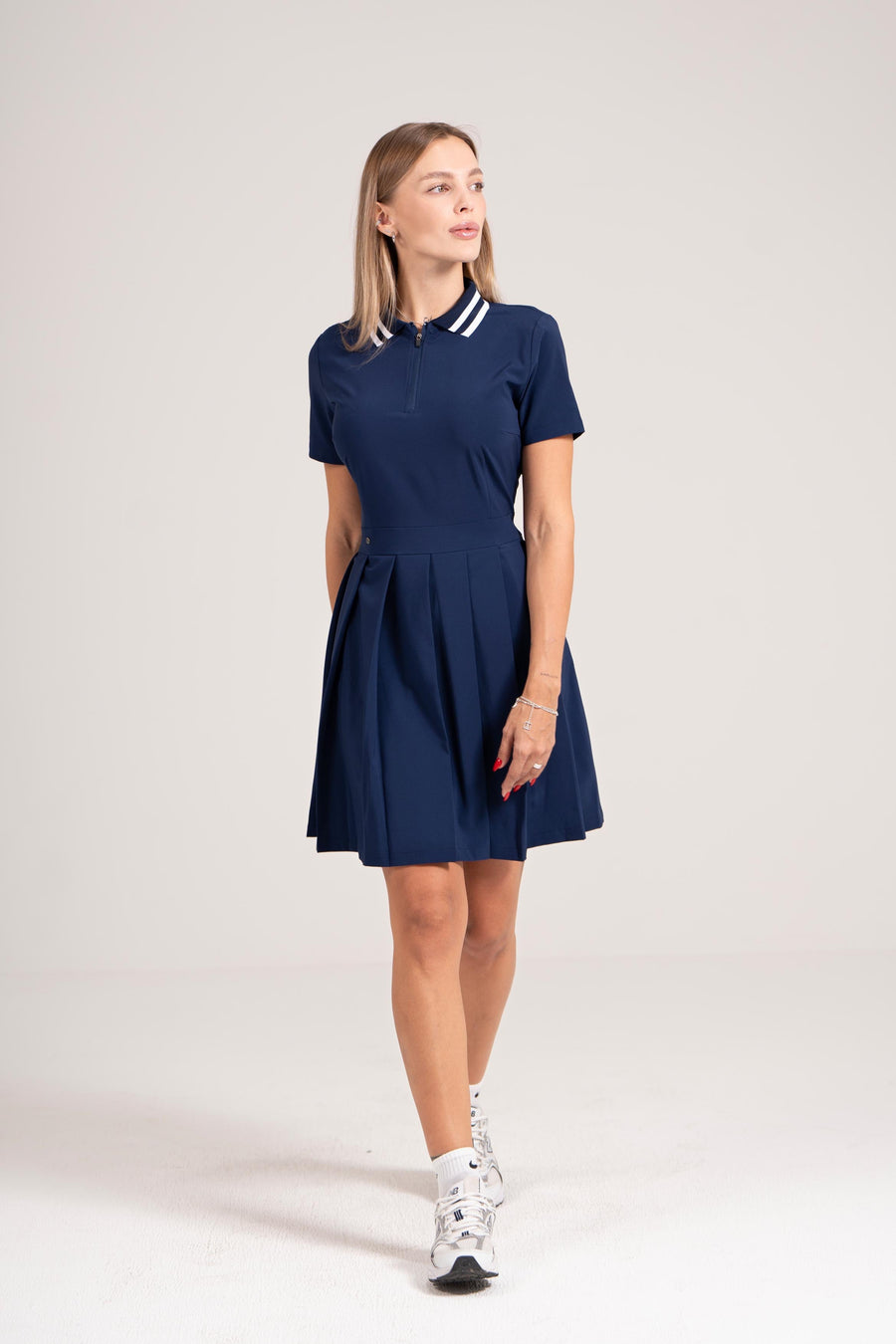 EGL Women's Golf Dress - Navy Blue with White Stripe Collar - Athletic Fit