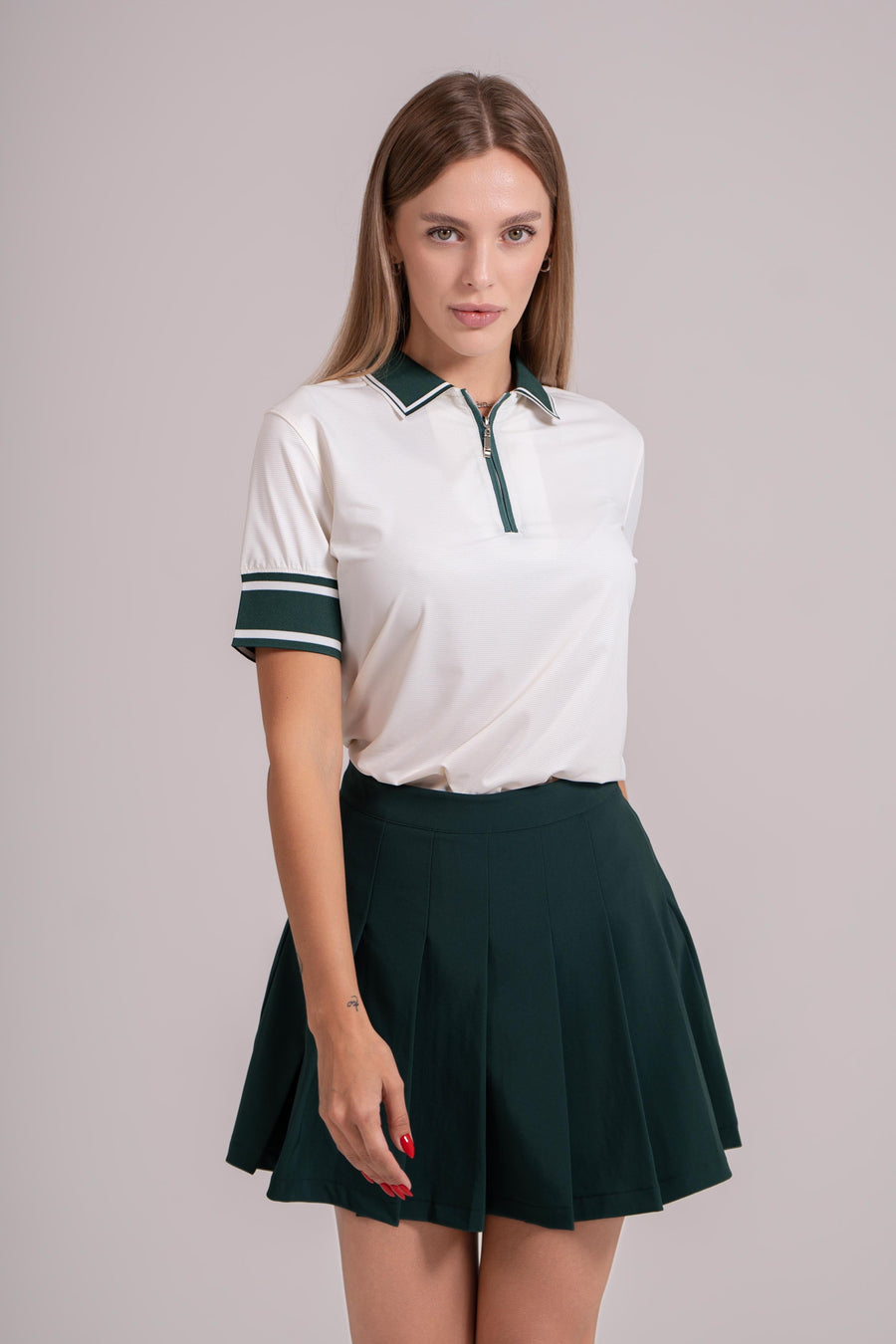 EGL Women's Golf Polo T-Shirt - Cream with Green Stripes on Sleeves - Athletic Fit