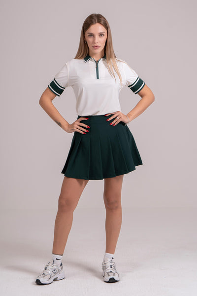 EGL Women's Golf Polo T-Shirt - Cream with Green Stripes on Sleeves - Athletic Fit