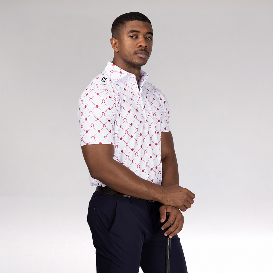 EGL Men's "Good Omen" Diamond Lattice Golf Polo T-Shirt – White And Crimson