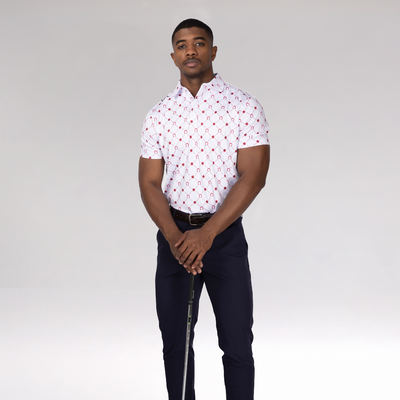 EGL Men's "Good Omen" Diamond Lattice Golf Polo T-Shirt – White And Crimson